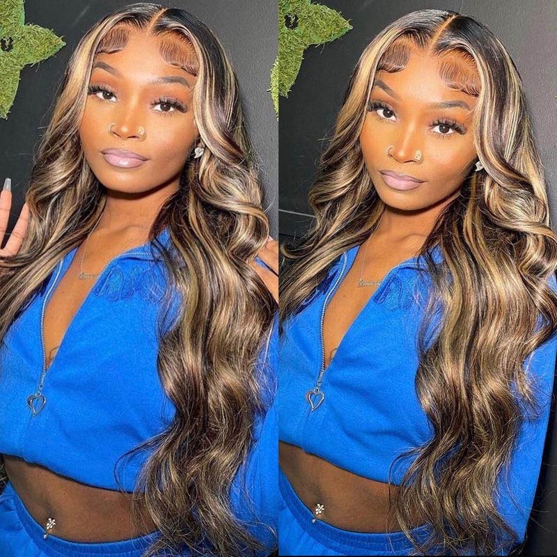 Balayage Highlight Hair 13x4 HD Transparent Lace Front Body Wave Human Hair Wig Pre Plucked Honey Blonde Brown Wigs-Alididihair