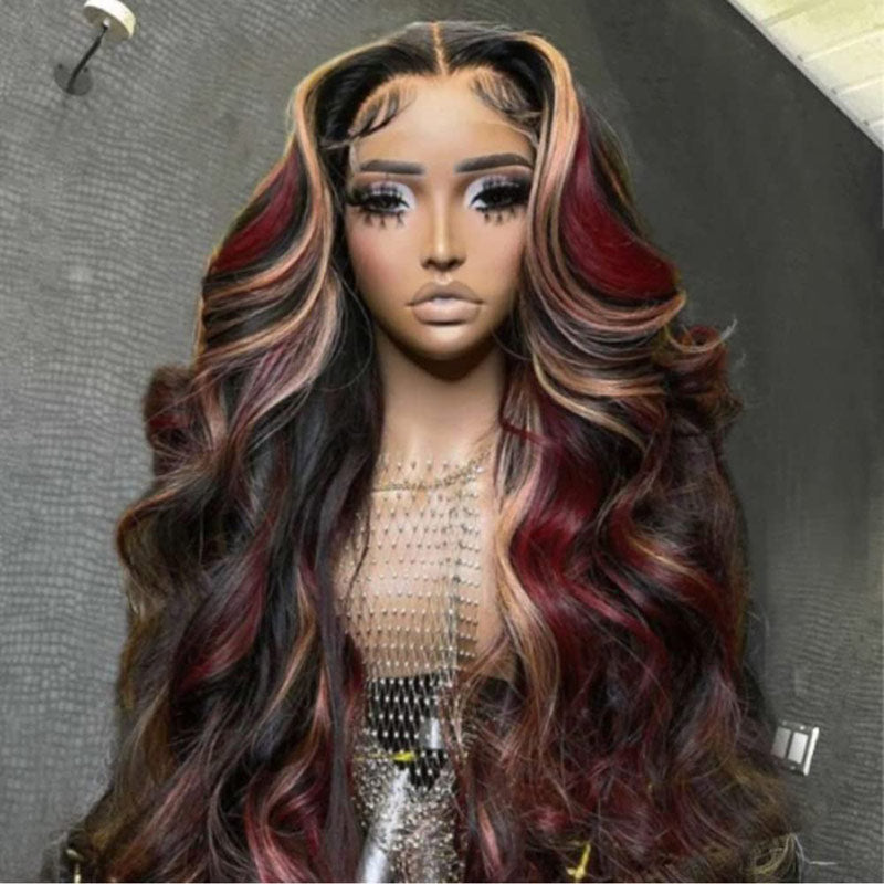 Black-with-Red-Blonde-Highlights-13x4-Lace-Front-Human-Hair-Wig
