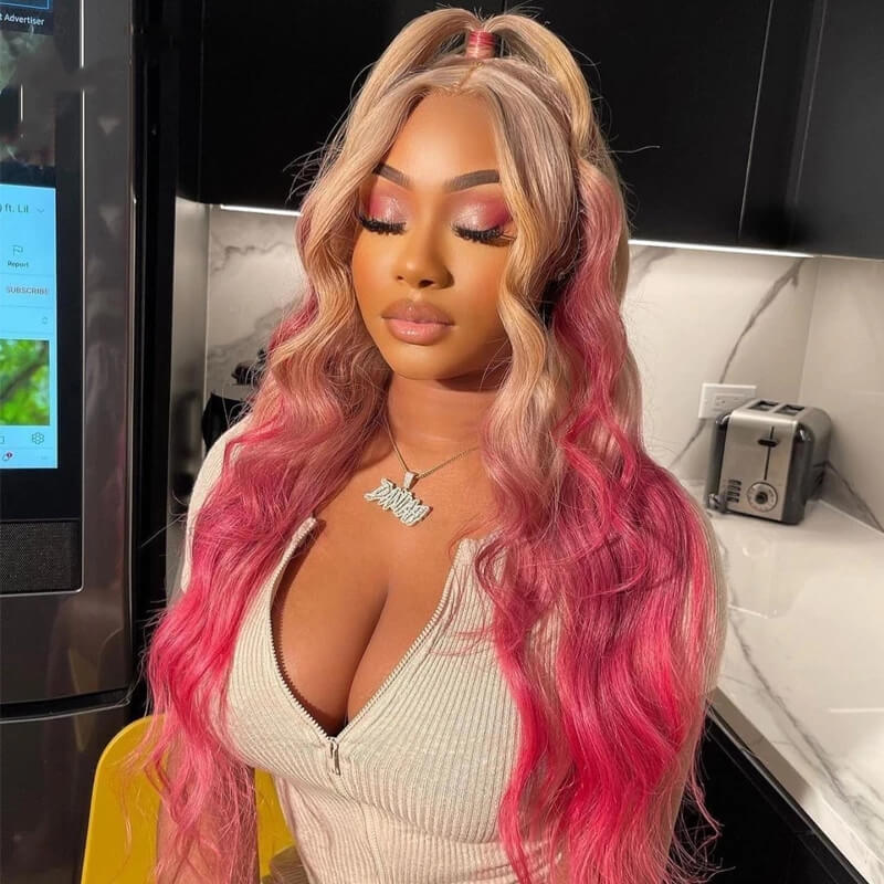 Blonde Ombre Pink Body Wave 13x4 HD Lace Front Wigs Pre Plucked With Baby Hair Brazilian Glueless Wigs