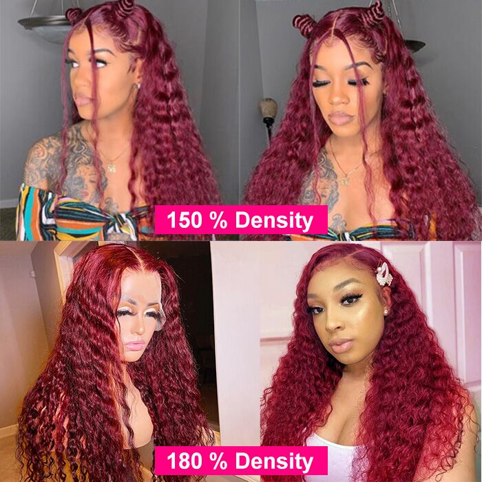 99J Water Wave 4x4/13x4 HD Lace Front Wigs Pre Plucked with Baby Hair Wine Red Colored Frontal Curly Human Hair Wig