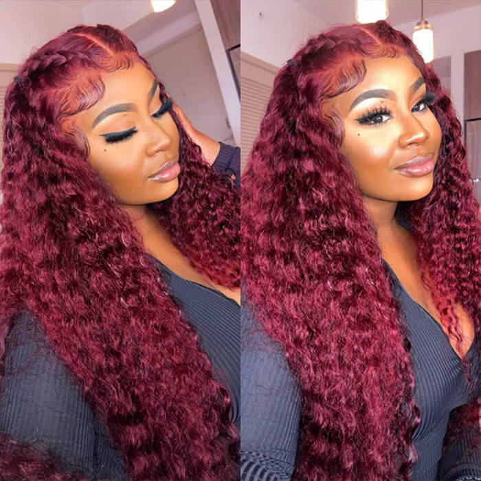 99J Water Wave 4x4/13x4 HD Lace Front Wigs Pre Plucked with Baby Hair Wine Red Colored Frontal Curly Human Hair Wig