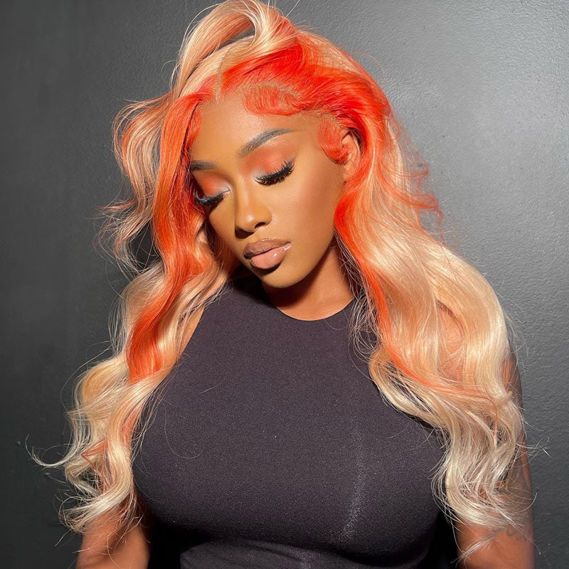 Ginger Orange Color Skunk Stripe Wig 613 Blonde 13x4 HD Transparents Lace Frontal Wig-Alididihair