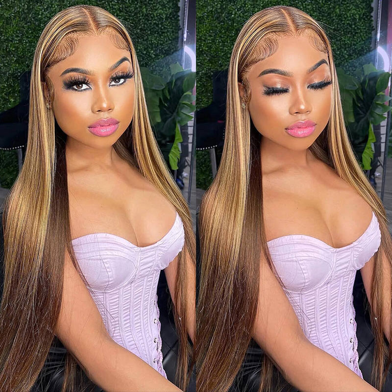 Ombre Highlight 4/27 Straight Hair 13X6 HD Transparent Lace Frontal Wig Human Hair-Alididihair