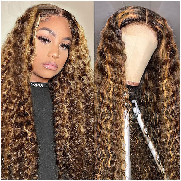 Brown Highlight Deep Curly 13x4 Lace Front Wig Human Hair 4x4 Lace Closure Wig