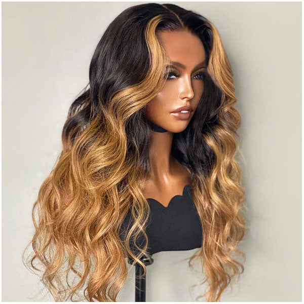 Highlight Omber Color Celebrity Style Lace Frontal Wig Brown & Black 
