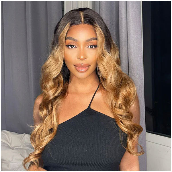 Highlight Omber Color Celebrity Style Lace Frontal Wig Brown & Black 