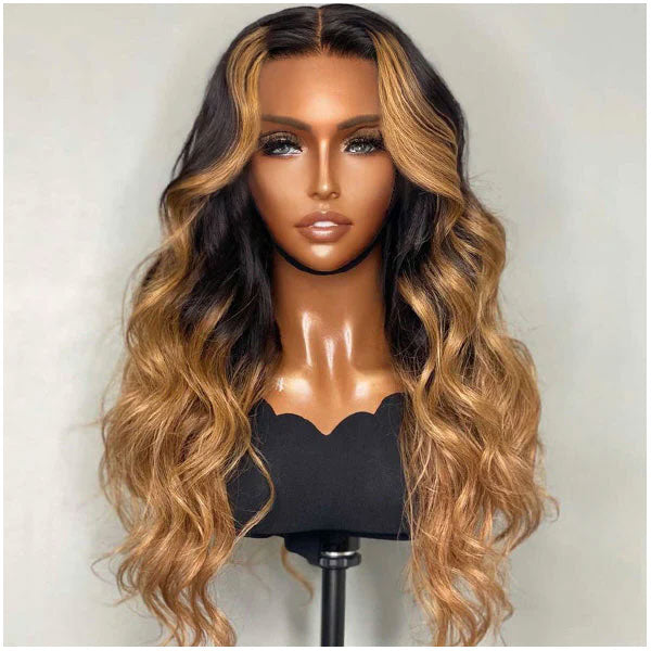 Highlight Omber Color Celebrity Style Lace Frontal Wig Brown & Black 