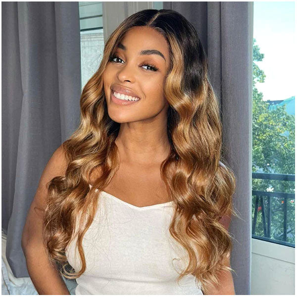 Highlight Omber Color Celebrity Style Lace Frontal Wig Brown & Black 