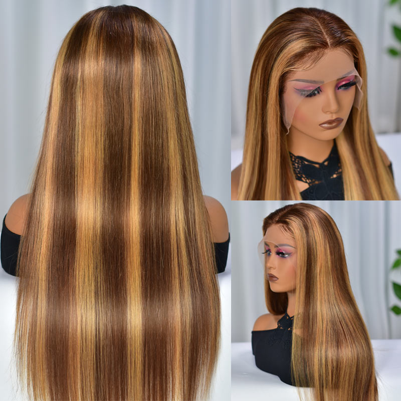 Ombre Highlight 4/27 Straight Hair 13X6 HD Transparent Lace Frontal Wig Human Hair-Alididihair