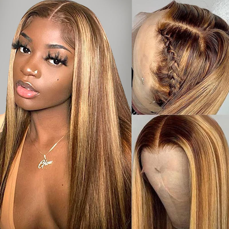 Highlight-Ombre-Lace-Front-Wig-Human-Hair-Pre-Plucked-13x4-HD-Transparent-4-27-Honey-Blonde-lace-frontal-Wigs