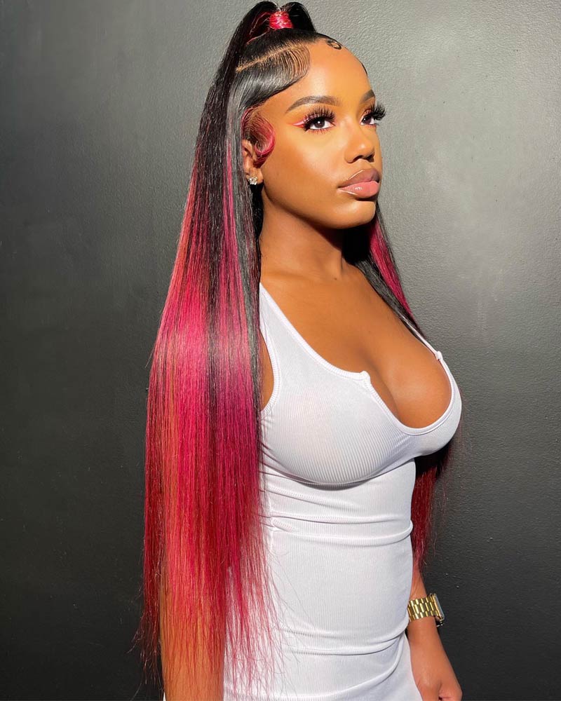 13x4 HD Lace Frontal Wig Red Hair With Highlights Long Straight Hair 100% Real Human Hair Wig-Alididihair
