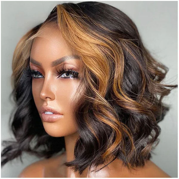 Honey Blonde Bob Highlight 13x4/4x4 HD Transparent Lace Front Short Bob Wigs-AlididiHair