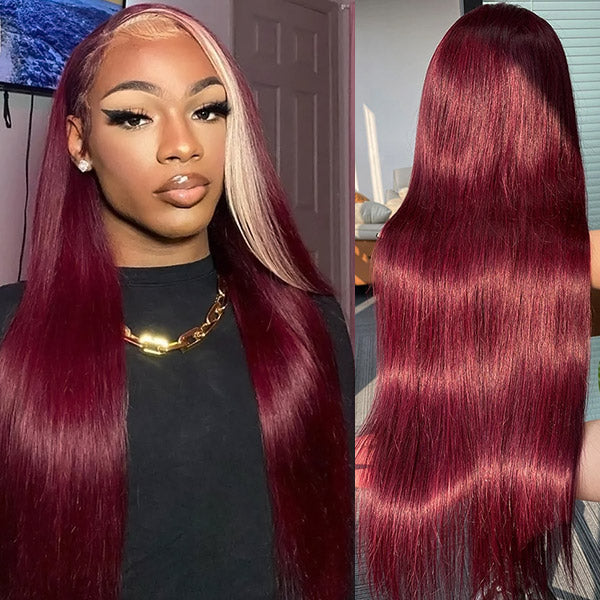 Skunk Stripe Wig 613 Blonde With Burgundy 4x4/13x4 HD Transparent Lace Front Straight Human Hair Wig