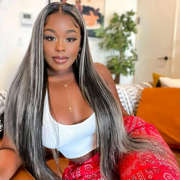 Platinum Blonde Highlights Wig Straight Hair 13x4 HD Transparent Lace Front Wigs Human Hair-Alididihair