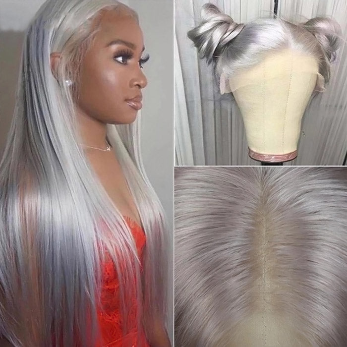 Grey Wig 13X6 HD Transparent Lace Front Straight Human Hair Pre Plucked With Baby Hair -Alididihair