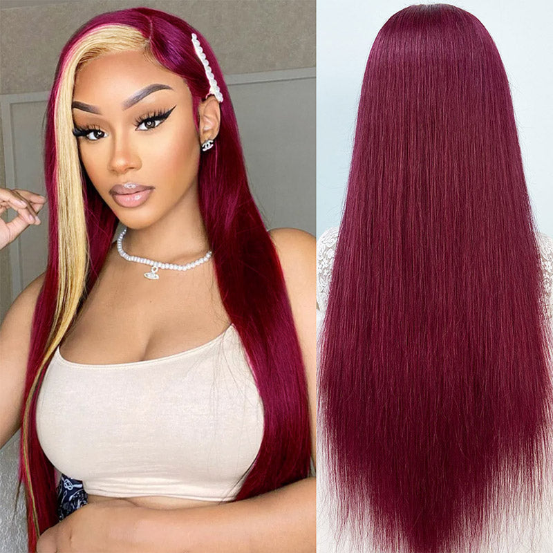 Skunk Stripe Wig 613 Blonde With Burgundy 4x4/13x4 HD Transparent Lace Front Straight Human Hair Wig