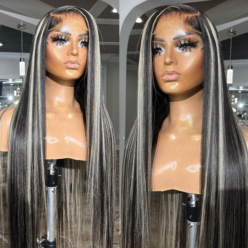 Platinum Blonde Highlights Wig Straight Hair 13x4 HD Transparent Lace Front Wigs Human Hair-Alididihair