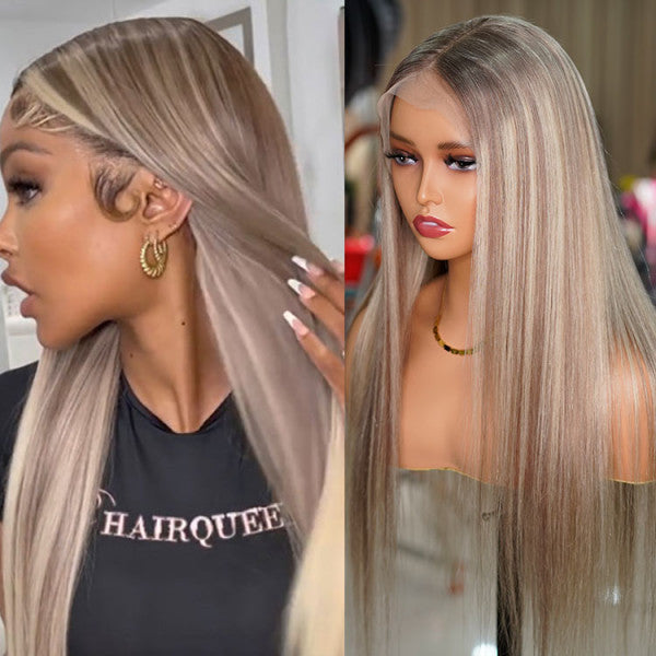Brown Mix Blonde Highlight Wig Straight 13x4 Transparent HD Lace Front Wigs Human Hair-Alididihair