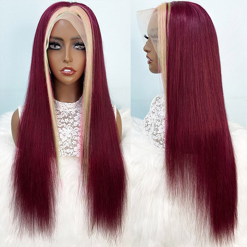 Skunk Stripe Wig 613 Blonde With Burgundy 4x4/13x4 HD Transparent Lace Front Straight Human Hair Wig