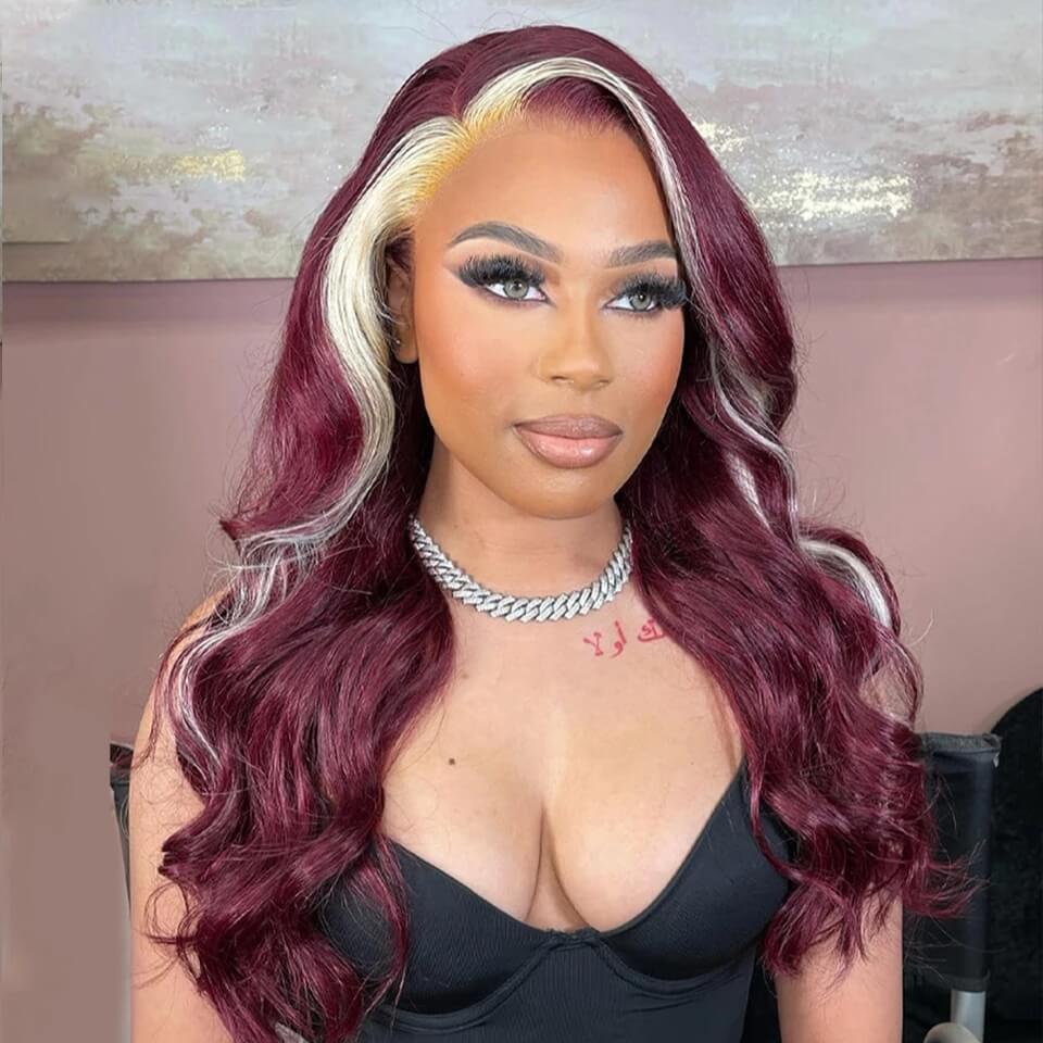 13x4 HD Lace Frontal Skunk Stripe Wig #613/99J Burgundy Color Highlight Body Wave Human Hair
