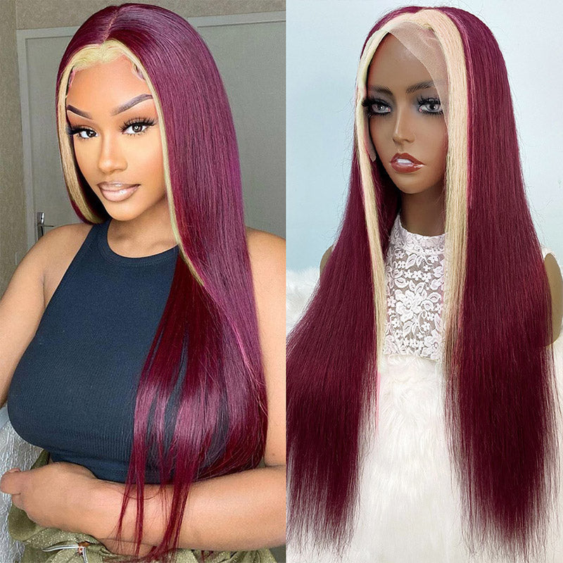 Skunk Stripe Wig 613 Blonde With Burgundy 4x4/13x4 HD Transparent Lace Front Straight Human Hair Wig