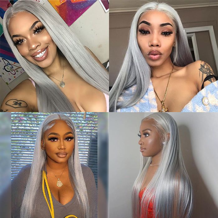 Grey Wig 13X6 HD Transparent Lace Front Straight Human Hair Pre Plucked With Baby Hair -Alididihair