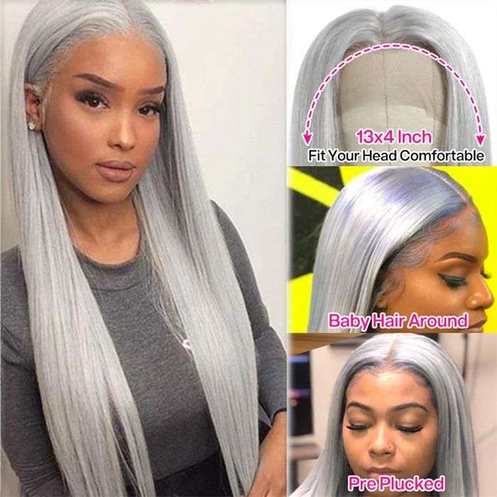 Grey Wig 13X6 HD Transparent Lace Front Straight Human Hair Pre Plucked With Baby Hair -Alididihair