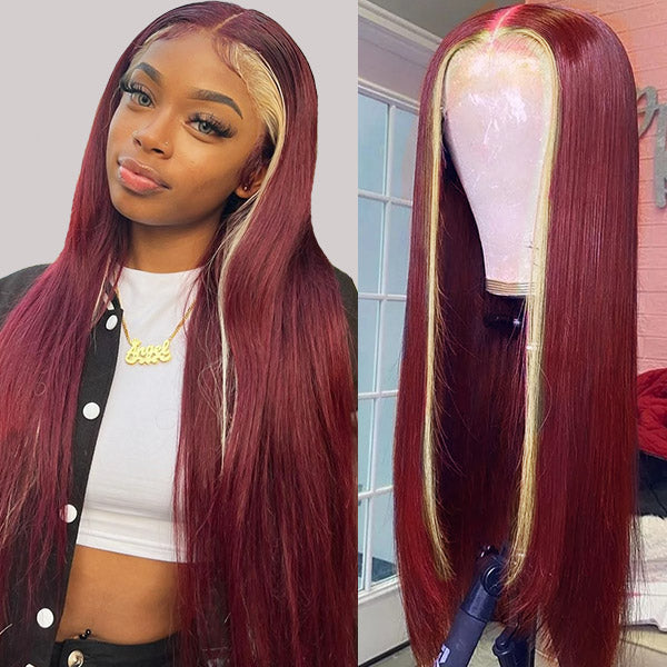 Skunk Stripe Wig 613 Blonde With Burgundy 4x4/13x4 HD Transparent Lace Front Straight Human Hair Wig