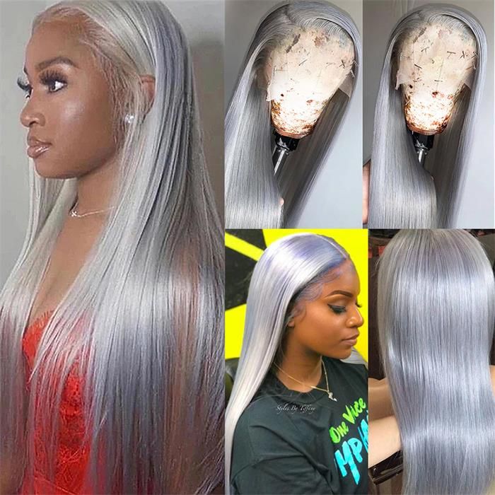 Grey Wig 13X6 HD Transparent Lace Front Straight Human Hair Pre Plucked With Baby Hair -Alididihair