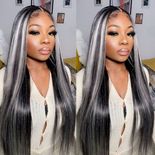 Platinum Blonde Highlights Wig Straight Hair 13x4 HD Transparent Lace Front Wigs Human Hair-Alididihair