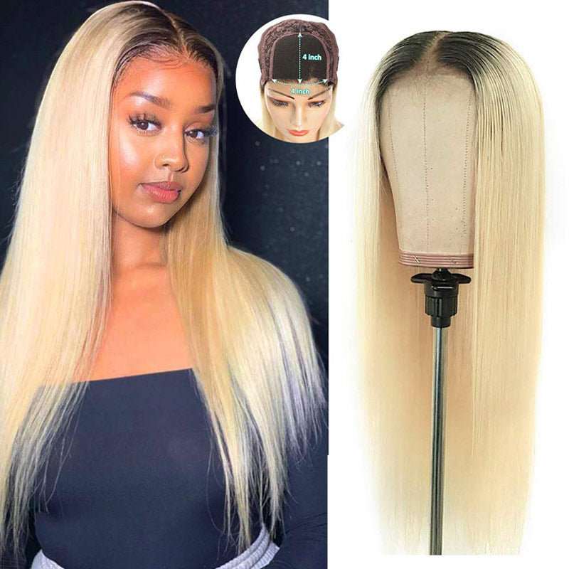 Long Straight Hair 1b/613 Ombre Human Hair Wig Blonde With Dark Roots 13x4 HD Lace Front Wigs Pre Plucked Hairline-Alididihair
