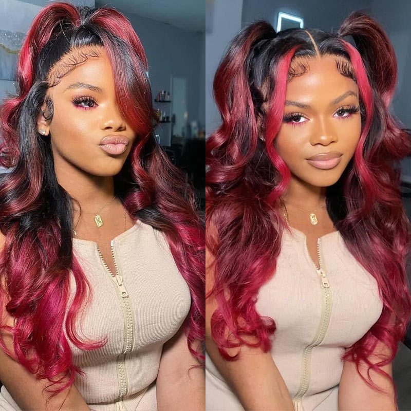 Ombre Dark Burgundy Human Hair Wig 13x4 HD Lace Frontal Body Wave Dark Hair With Highlights-Alididihair