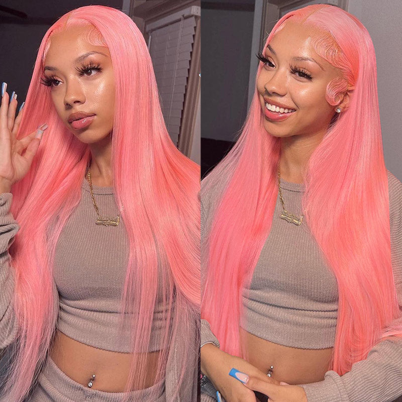 Straight Hair 13x4 HD  Lace Frontal Wig Pre Plucked  Pink Human Hair Wig Brazilian Glueless Wigs