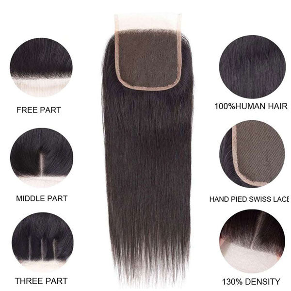 Alididi Straight Hair 4 Bundles With 4x4 Closure Natural Color Brazilian Virgin Hair