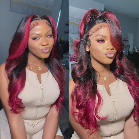 Ombre Dark Burgundy Human Hair Wig 13x4 HD Lace Frontal Body Wave Dark Hair With Highlights-Alididihair