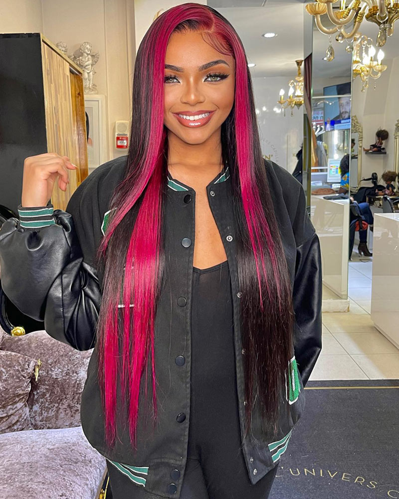 Black With Red Highlights 13x4 HD Straight Lace Frontal Wig Human Hair Pre Plucked Natural Hairline Glueless