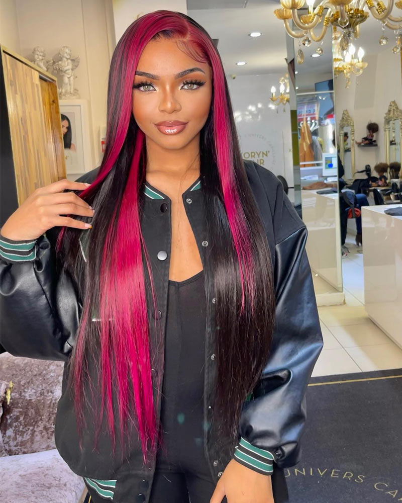 Black With Red Highlights 13x4 HD Straight Lace Frontal Wig Human Hair Pre Plucked Natural Hairline Glueless