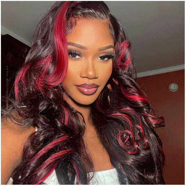 Ombre Dark Burgundy Human Hair Wig 13x4 HD Lace Frontal Body Wave Dark Hair With Highlights-Alididihair