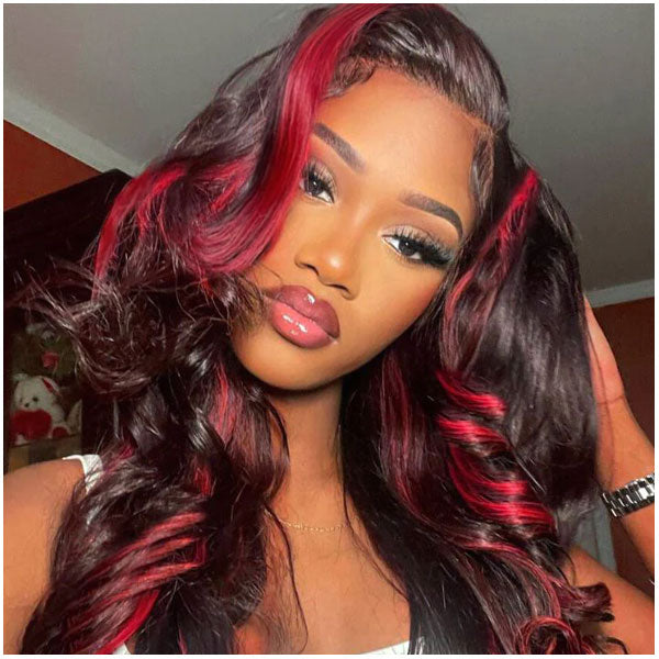 13x4 Body Wave Skunk Stripe Ombre Red Highlights Color