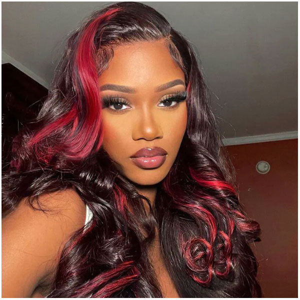 13x4 Body Wave Skunk Stripe Ombre Red Highlights Color