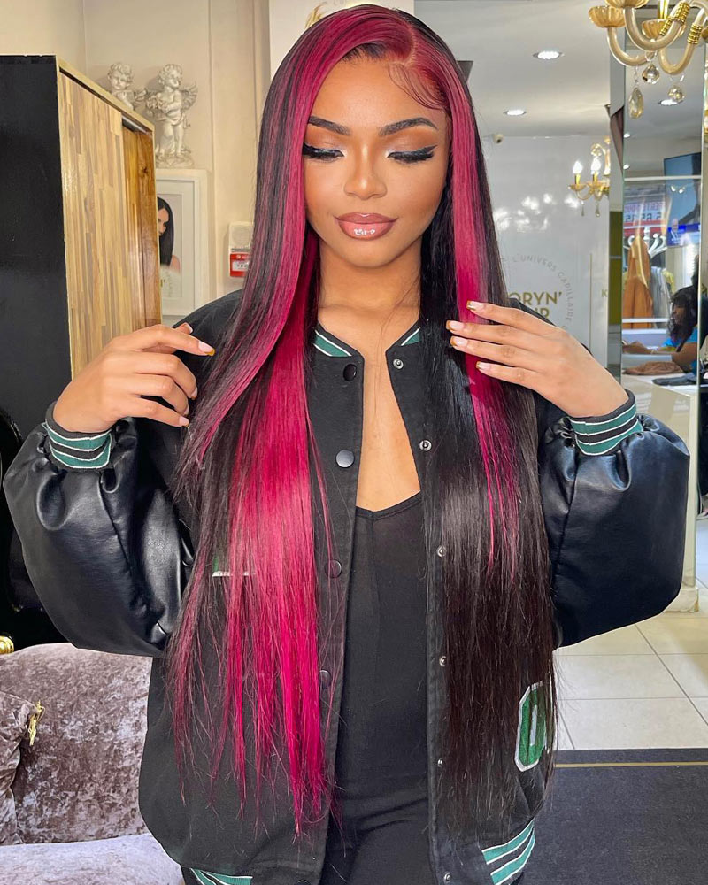 Black With Red Highlights 13x4 HD Straight Lace Frontal Wig Human Hair Pre Plucked Natural Hairline Glueless