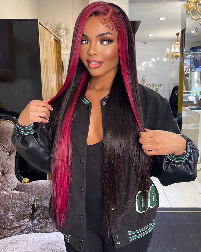 Black With Red Highlights 13x4 HD Straight Lace Frontal Wig Human Hair Pre Plucked Natural Hairline Glueless